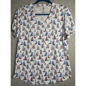 Blue Red Allover Sailboat Patriotic July 4th Nautical Cruise Jersey Top LARGE